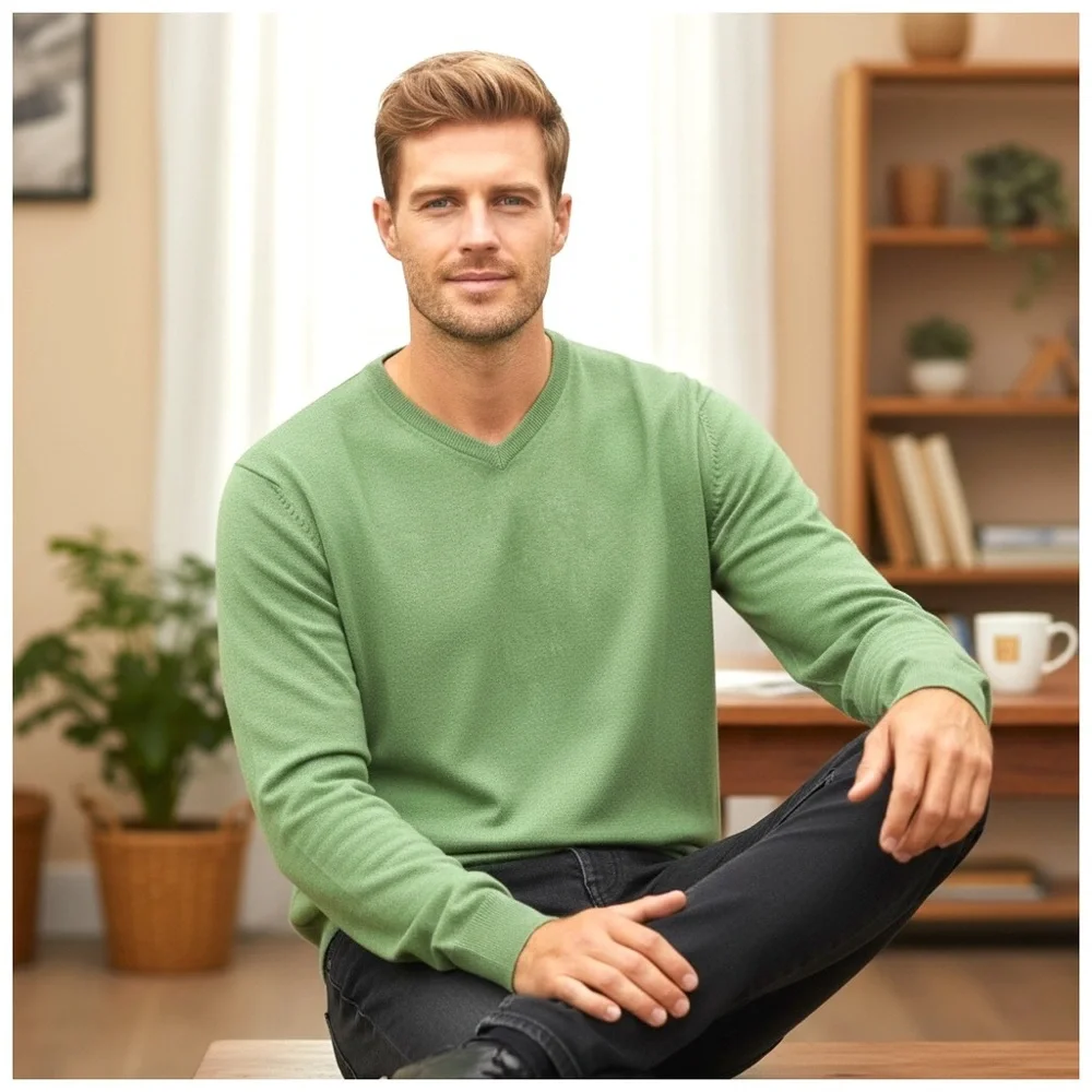 Malo Light-Green Cashmere V-Neck Sweater. XL - Picture 7 of 12